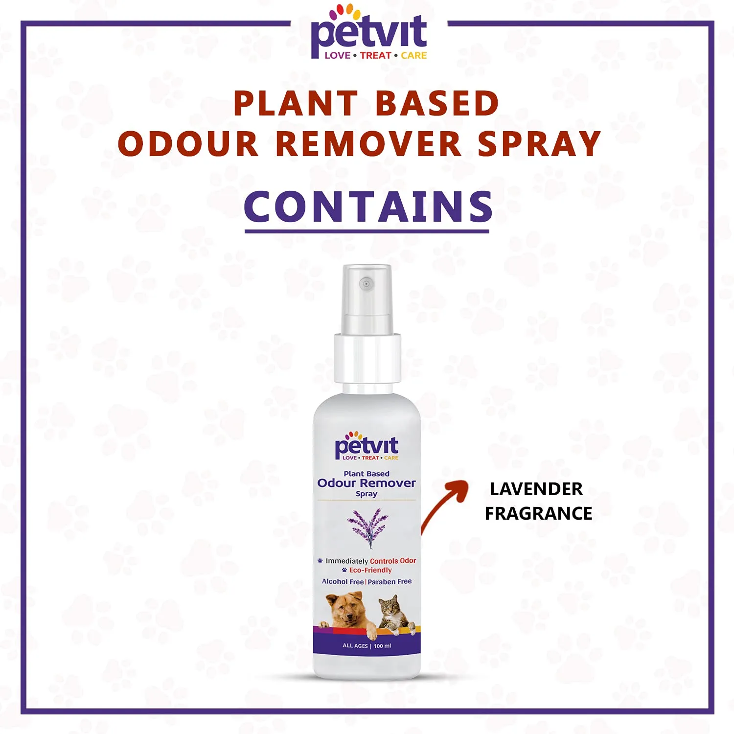 Petvit Odor Remover Spray with Lavender | Eliminate Bad Breath | Detangling Hair | Paraben Free & pH-Balance -for All Breed Dog & Cat – 100ml