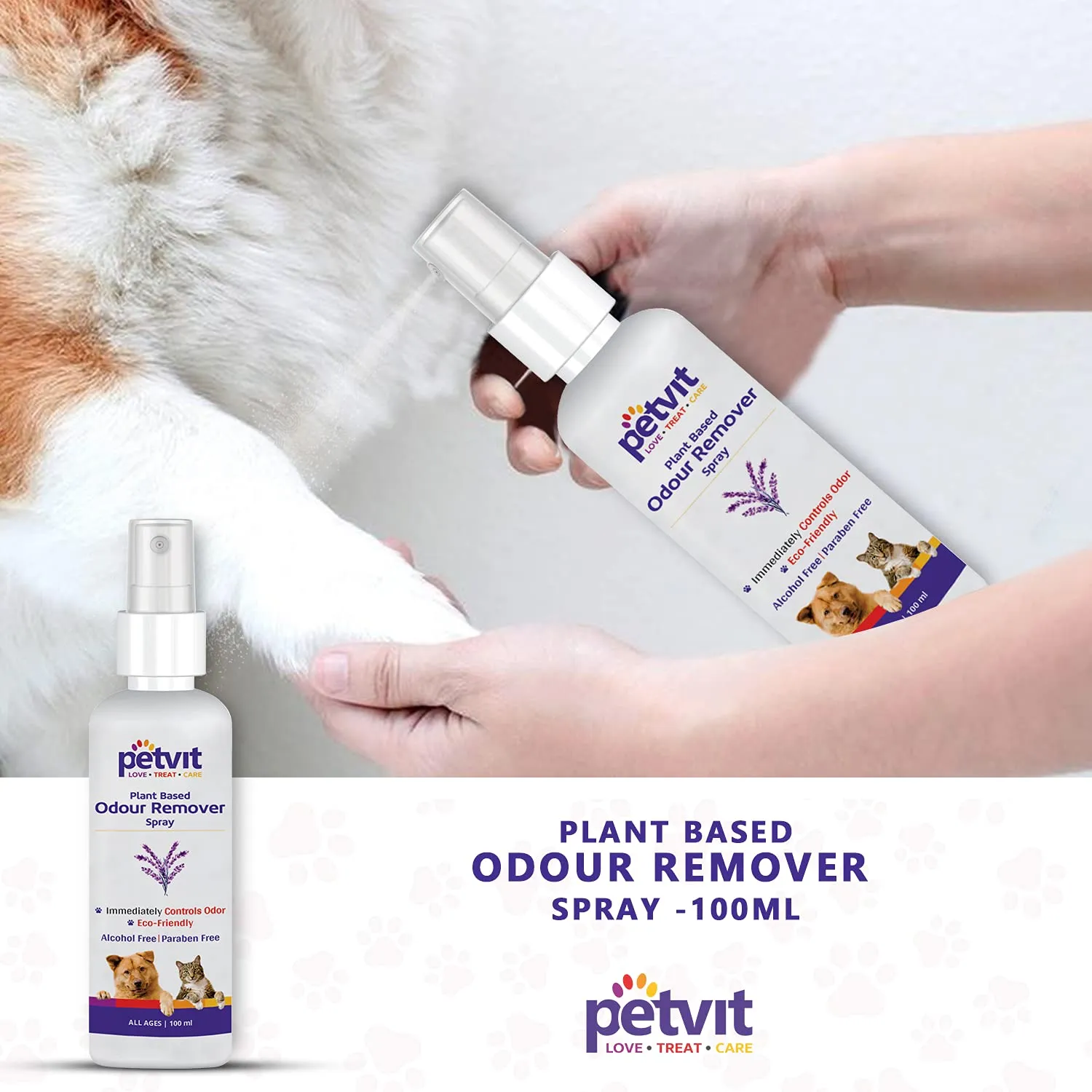 Petvit Odor Remover Spray with Lavender | Eliminate Bad Breath | Detangling Hair | Paraben Free & pH-Balance -for All Breed Dog & Cat – 100ml