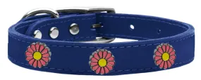 Pink Daisy Widget Genuine Leather Dog Collar Blue 10