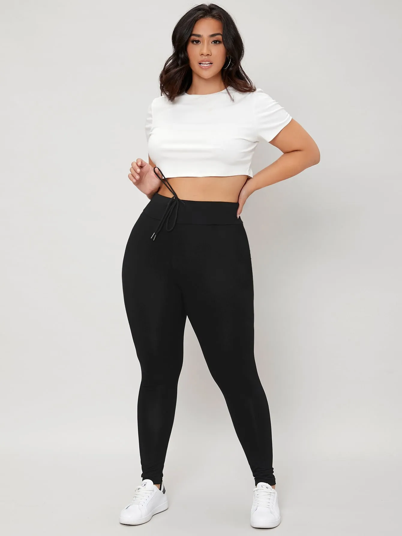 Plain Drawstring Cropped Plus Size Leggings