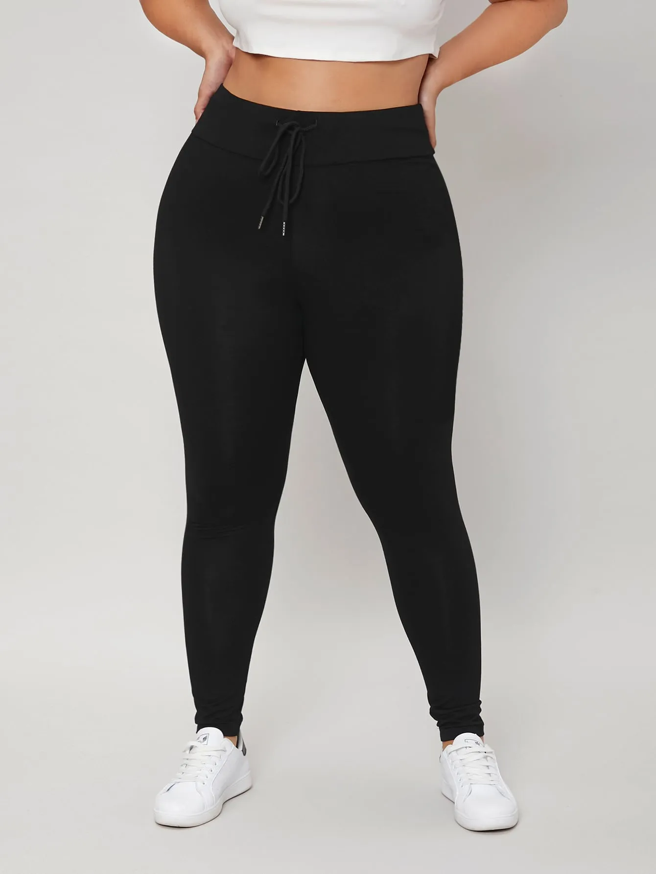 Plain Drawstring Cropped Plus Size Leggings