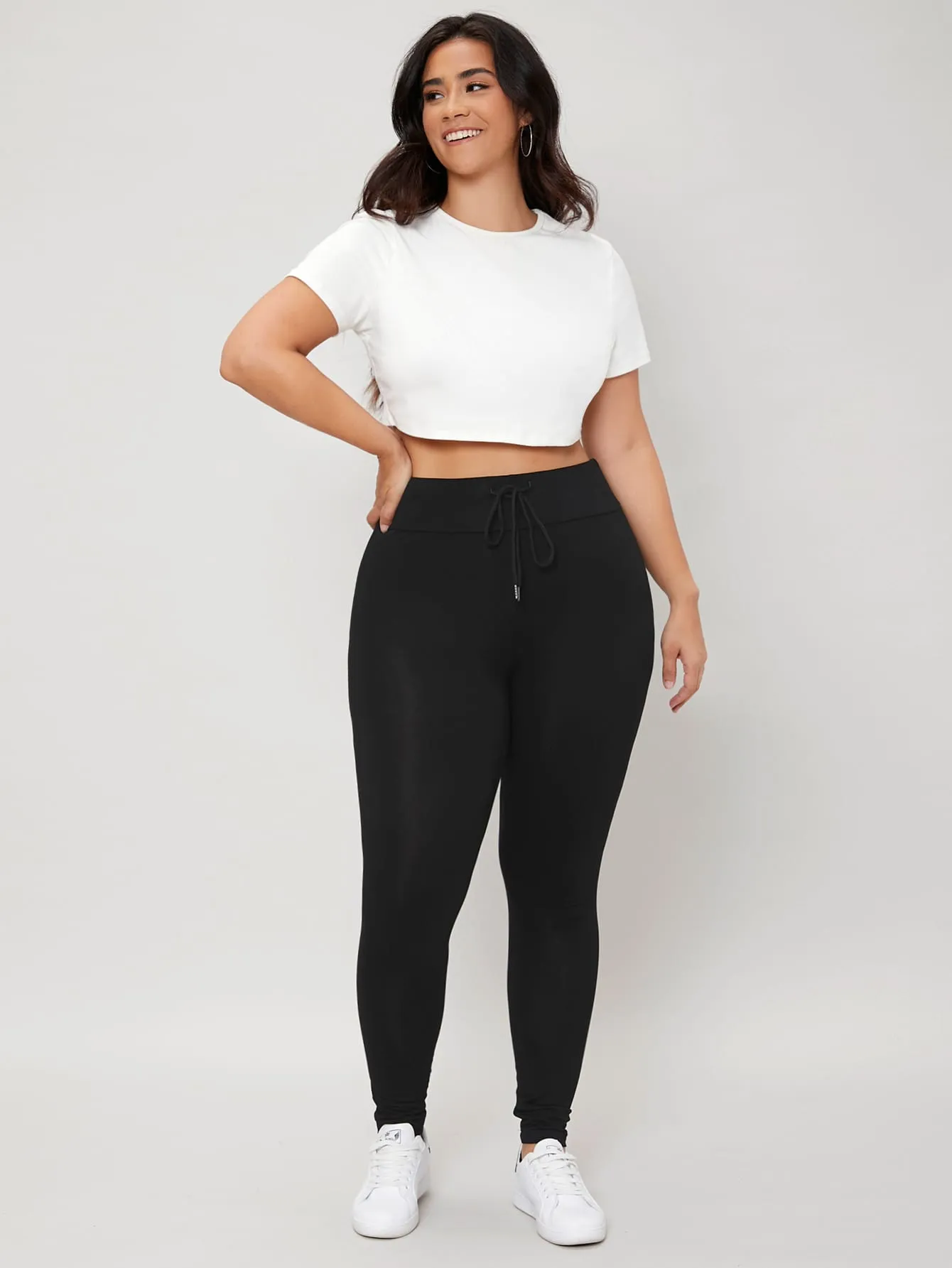 Plain Drawstring Cropped Plus Size Leggings