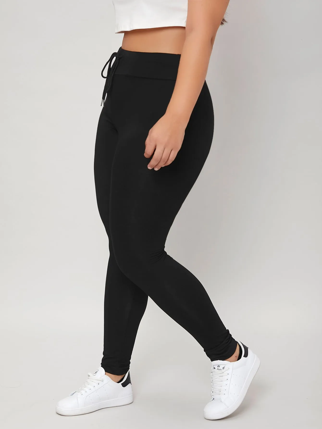 Plain Drawstring Cropped Plus Size Leggings