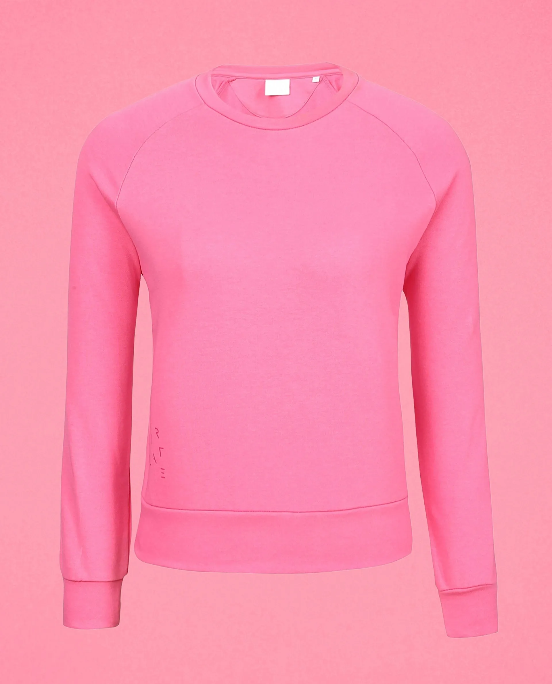 Rareism Women Cax Flouroscent Pink Cotton Blend Fabric Relaxed Fit Full Sleeves Solid Round Neck Sweatshirt