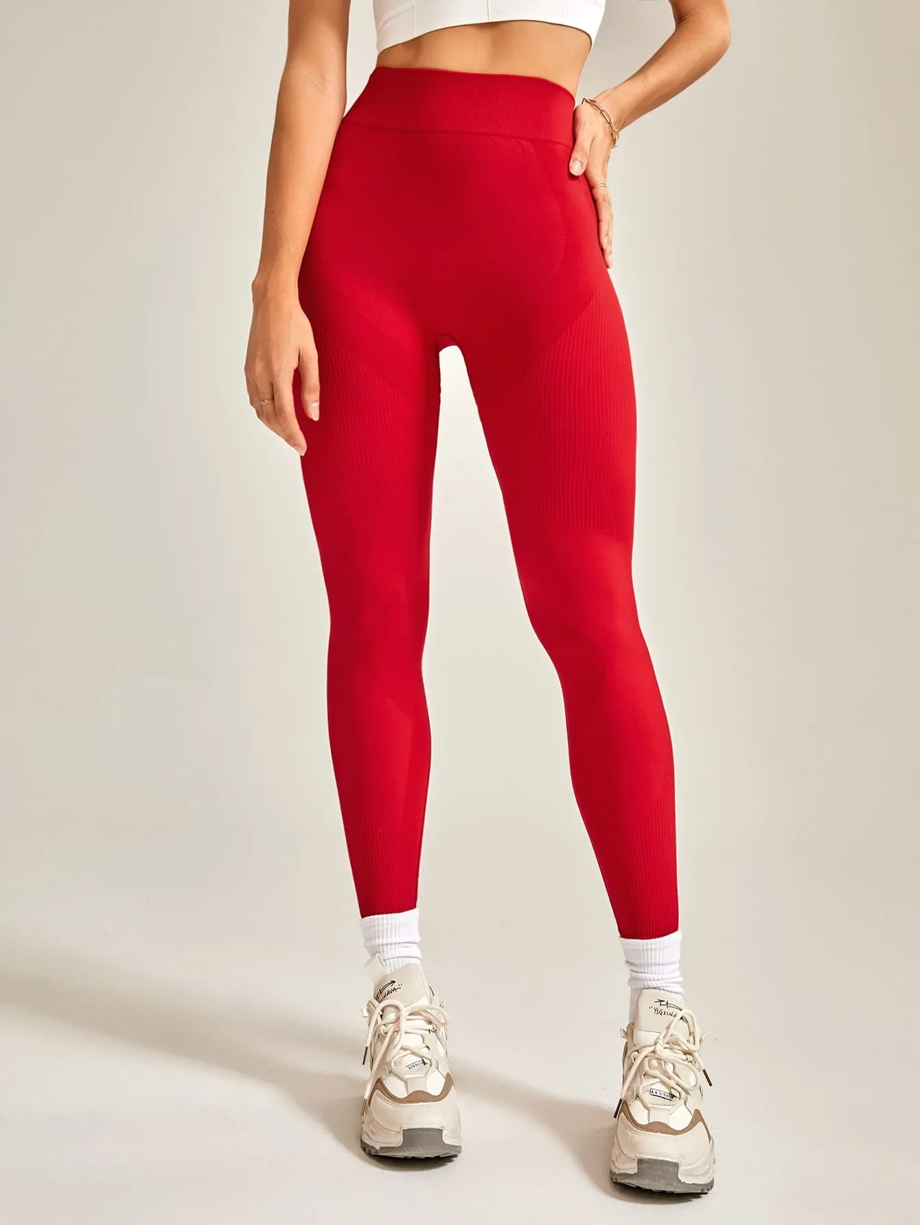 Red Wide Waistband High Waist Sports Leggings