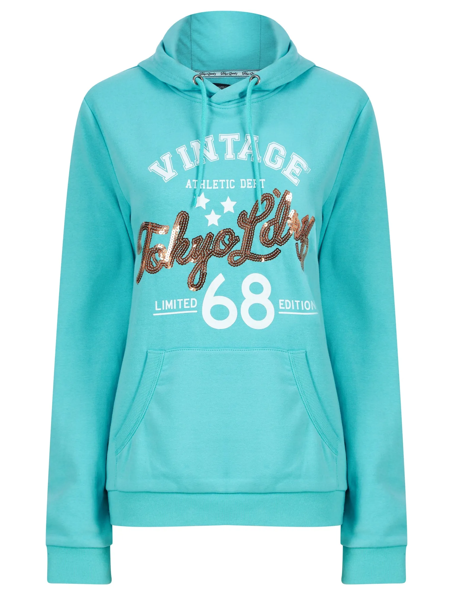 Sparked Sequin Motif Brushback Fleece Pullover Hoodie in Aqua - Tokyo Laundry