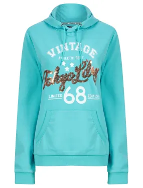 Sparked Sequin Motif Brushback Fleece Pullover Hoodie in Aqua - Tokyo Laundry