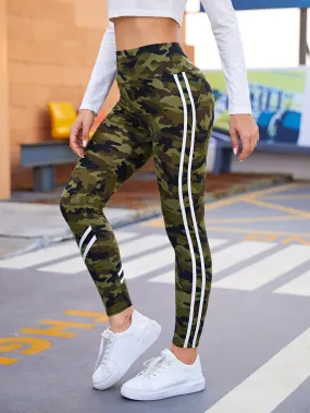 Sporty Camo Side Stripe Cropped Women Leggings