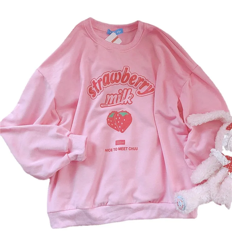 Sweet Strawberry Dream: Kawaii Pink Letter Sweatshirt - Sip on Style! 🍓💖