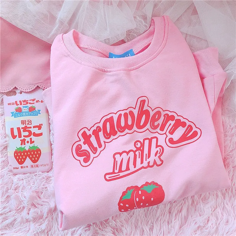 Sweet Strawberry Dream: Kawaii Pink Letter Sweatshirt - Sip on Style! 🍓💖