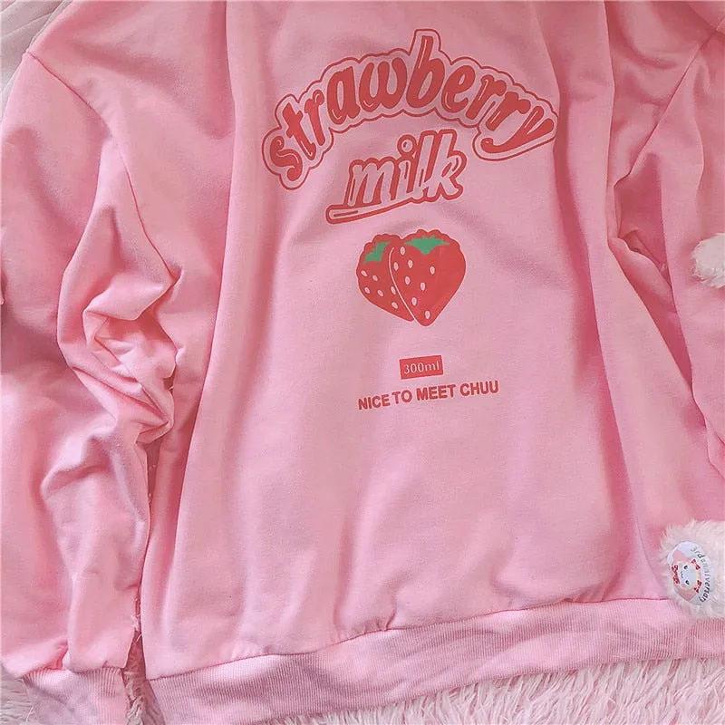 Sweet Strawberry Dream: Kawaii Pink Letter Sweatshirt - Sip on Style! 🍓💖