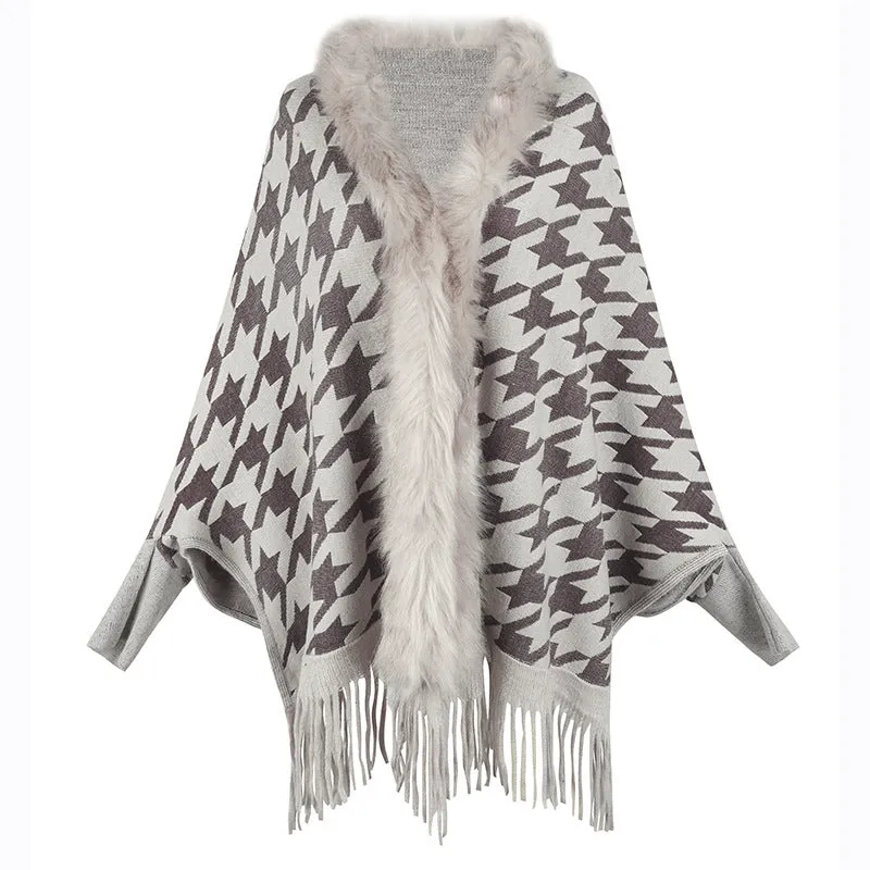 Tassel Cloak Houndstooth Fur Collar