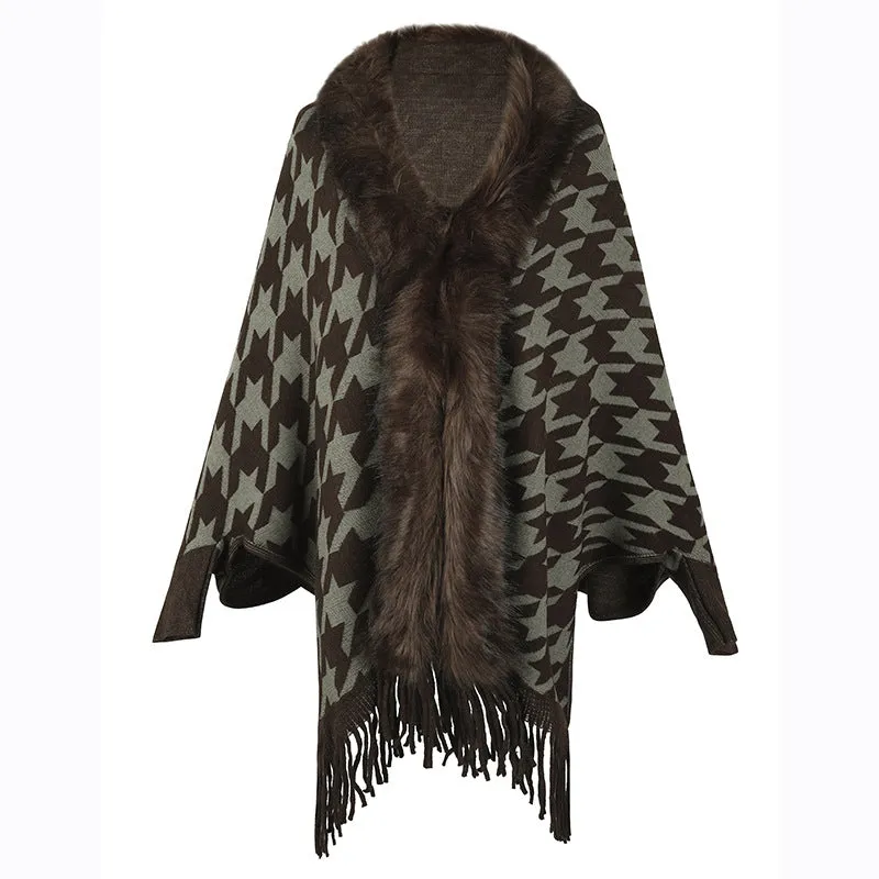 Tassel Cloak Houndstooth Fur Collar