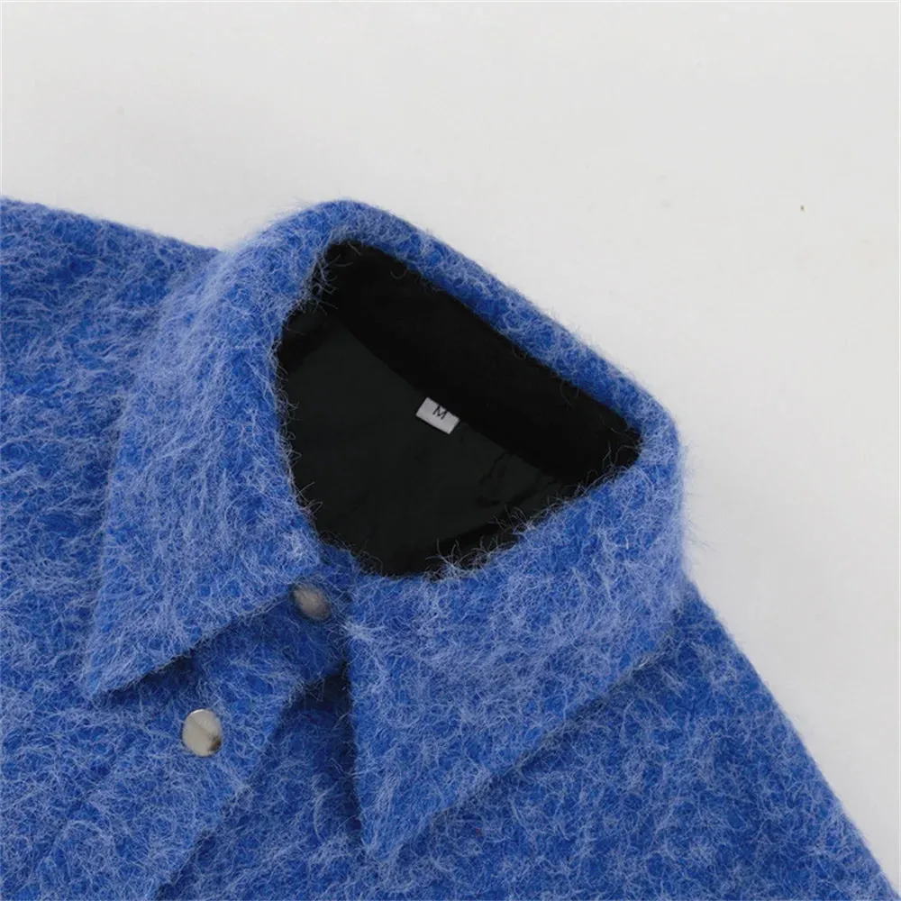 TAVIMART  -  Autumn Winter Blue Short Woolen Jacket for Women Lapel Long Sleeve Button Up Warm Coat Female Casual Streetwear Tops