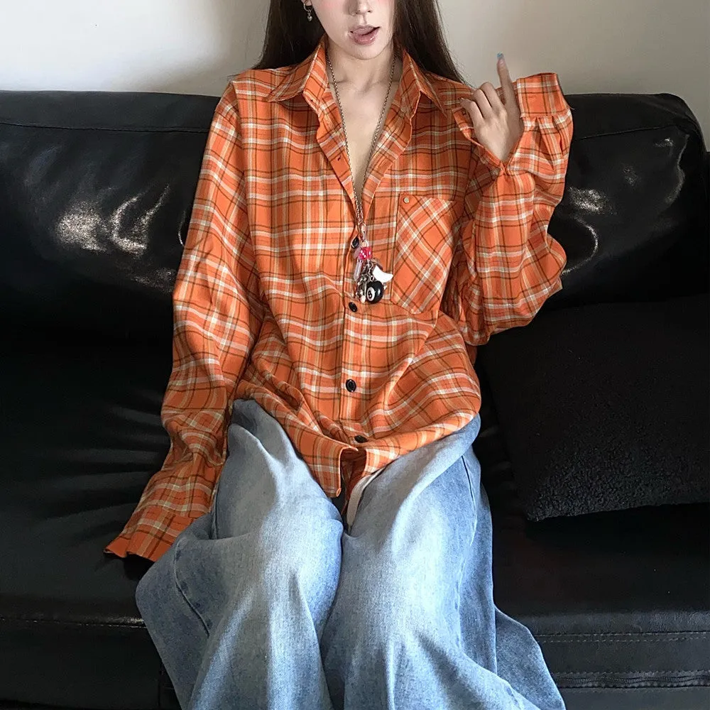 Territory 90s streetwear 2024 Autumn New American Retro White Orange Plaid Shirt Coat Men's and Women's Loose Shirt Fashion