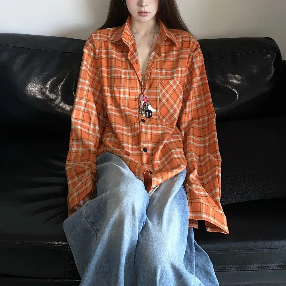 Territory 90s streetwear 2024 Autumn New American Retro White Orange Plaid Shirt Coat Men's and Women's Loose Shirt Fashion