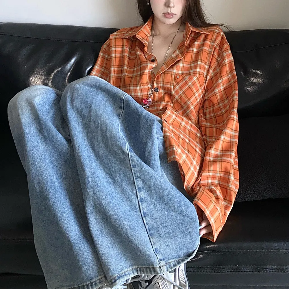 Territory 90s streetwear 2024 Autumn New American Retro White Orange Plaid Shirt Coat Men's and Women's Loose Shirt Fashion