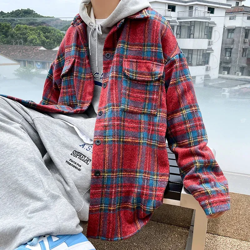 Thick Plaid Woolen Coat Men Warm Oversized Retro Thickened Woolen Jacket Mens Streetwear Korean Loose Short Woolen Coat Men