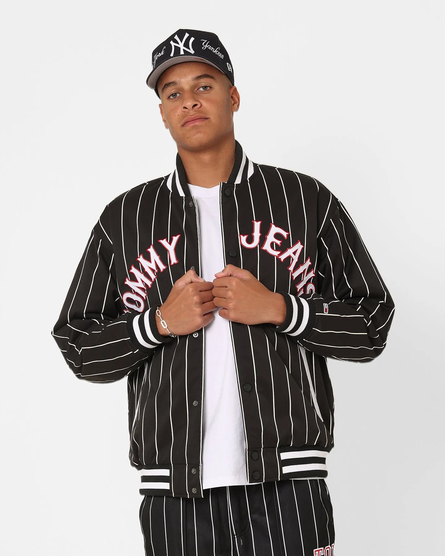 Tommy Jeans Relaxed Pinstripe Bomber Jacket Black