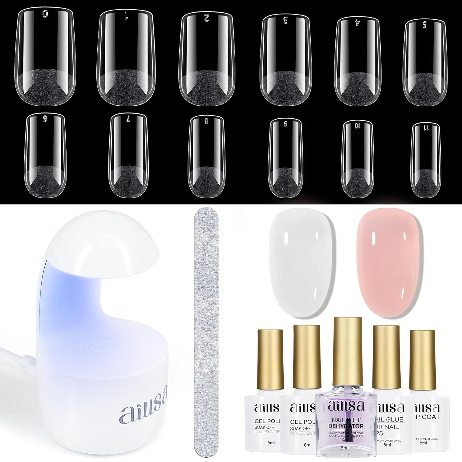 Ultimate Gel Nail Kit: 240 Short Almond Tips, 2-in-1 Glue, Base Coat, Lamp & More for Beginners