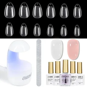 Ultimate Gel Nail Kit: 240 Short Almond Tips, 2-in-1 Glue, Base Coat, Lamp & More for Beginners