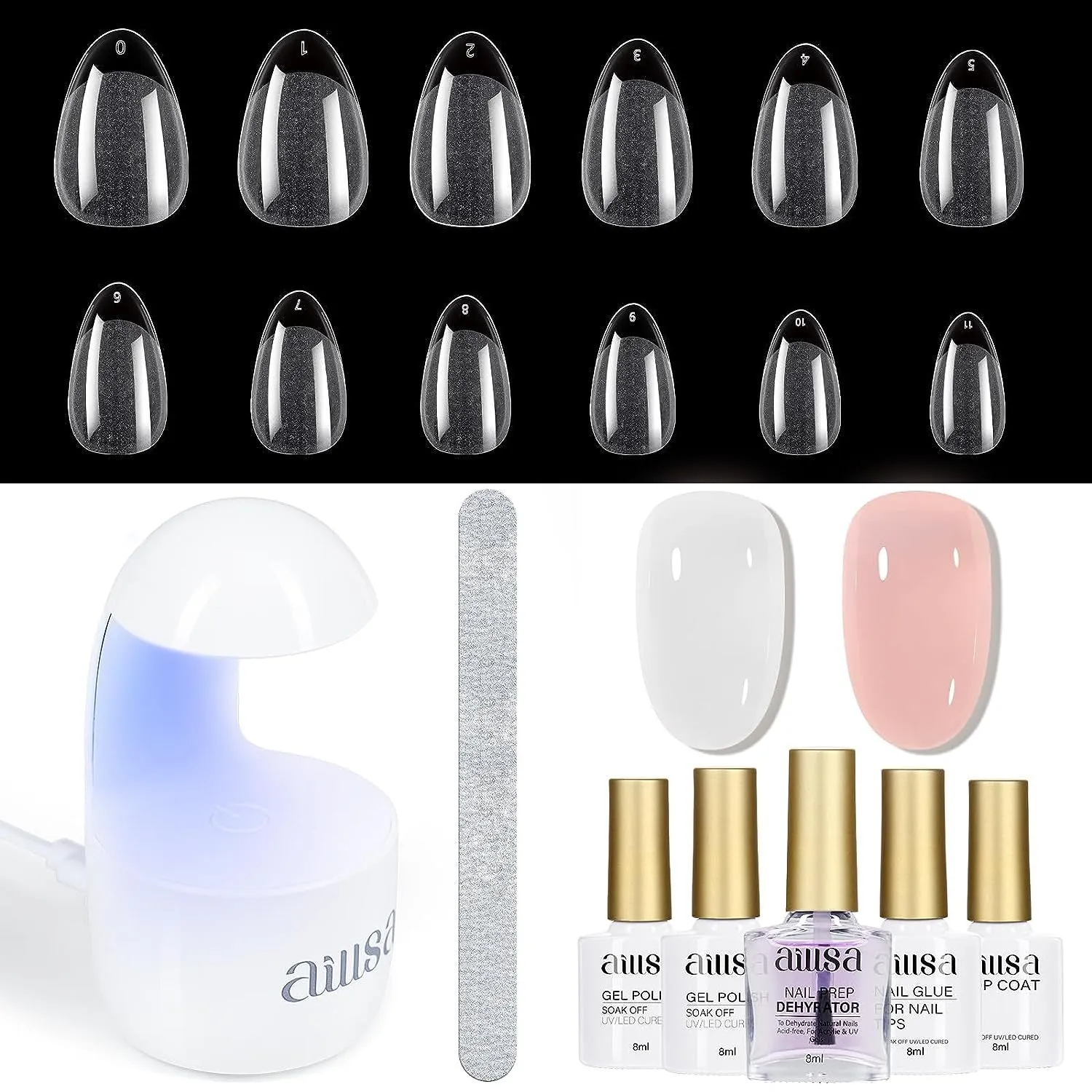 Ultimate Gel Nail Kit: 240 Short Almond Tips, 2-in-1 Glue, Base Coat, Lamp & More for Beginners