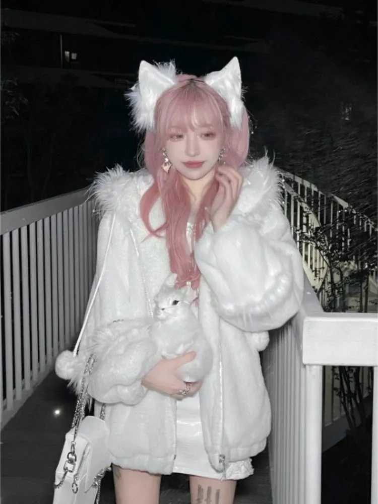 Vevesc Elegant White Fur Hoodie Coat Women Autumn Winter New Jacket Y2k Long Sleeve Zipper Sweatshirts Thicked Warm Leg Warmer