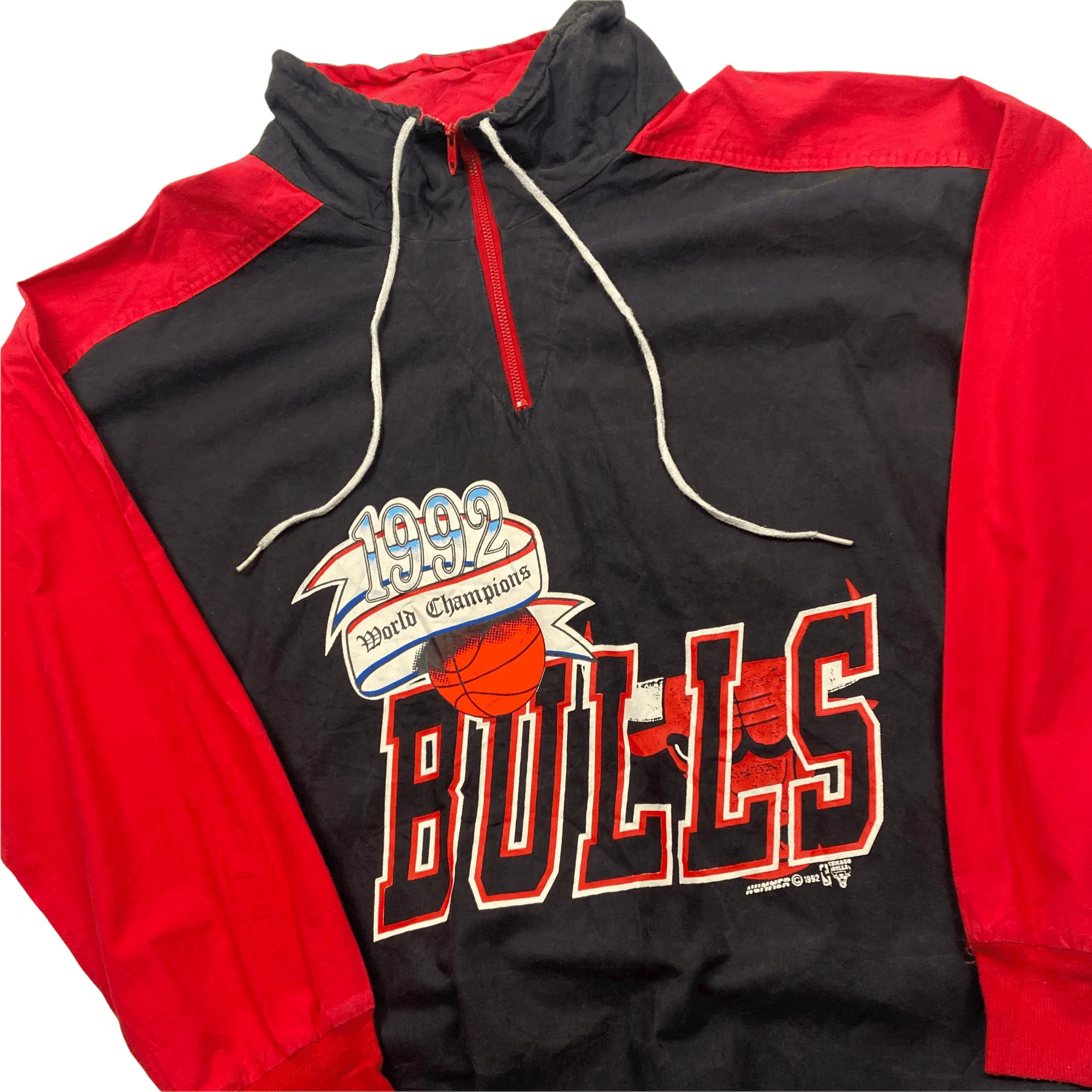 Vintage 90s Black   Red Chicago Bulls NBA Spell-Out Quarter Zip Jacket/ Coat - Medium