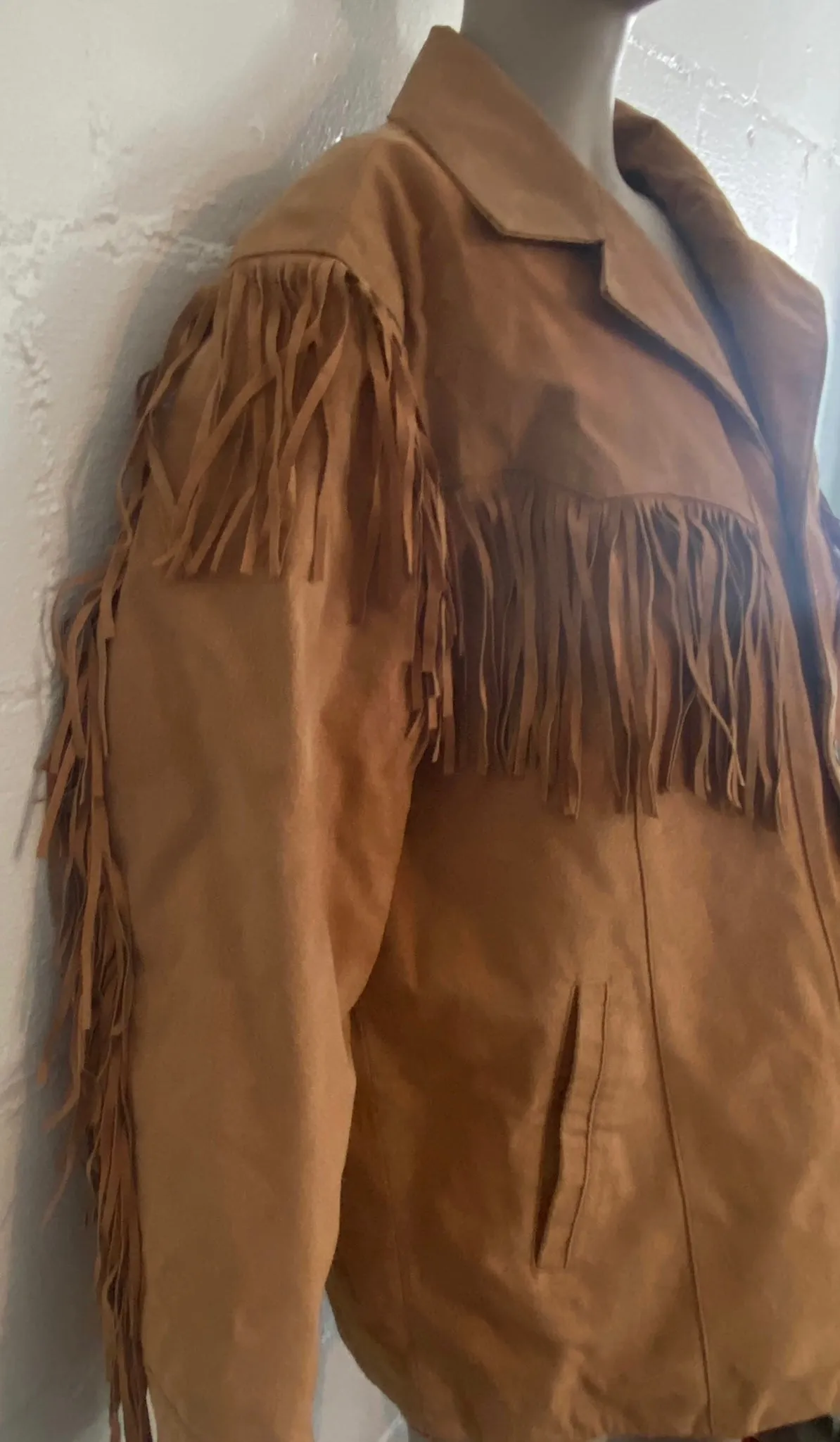 Vintage Excelled Western Suede Leather Coat Fringe Snap Closure Jacket Sz L