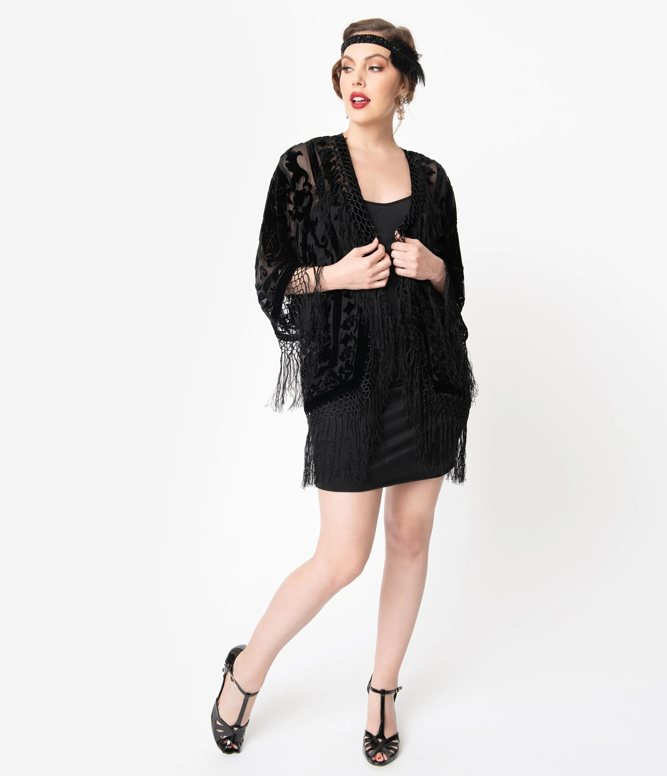 Vintage Style Black Devore Velvet Fringe Short Flapper Coat