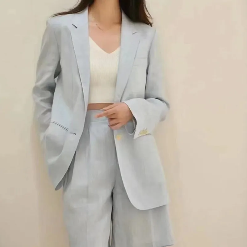 Wenkouban 90s streetwear Plain Linen Linen Suit Intellectual Gentle Azure Blue Tongqin Lapel Small Coat for Women