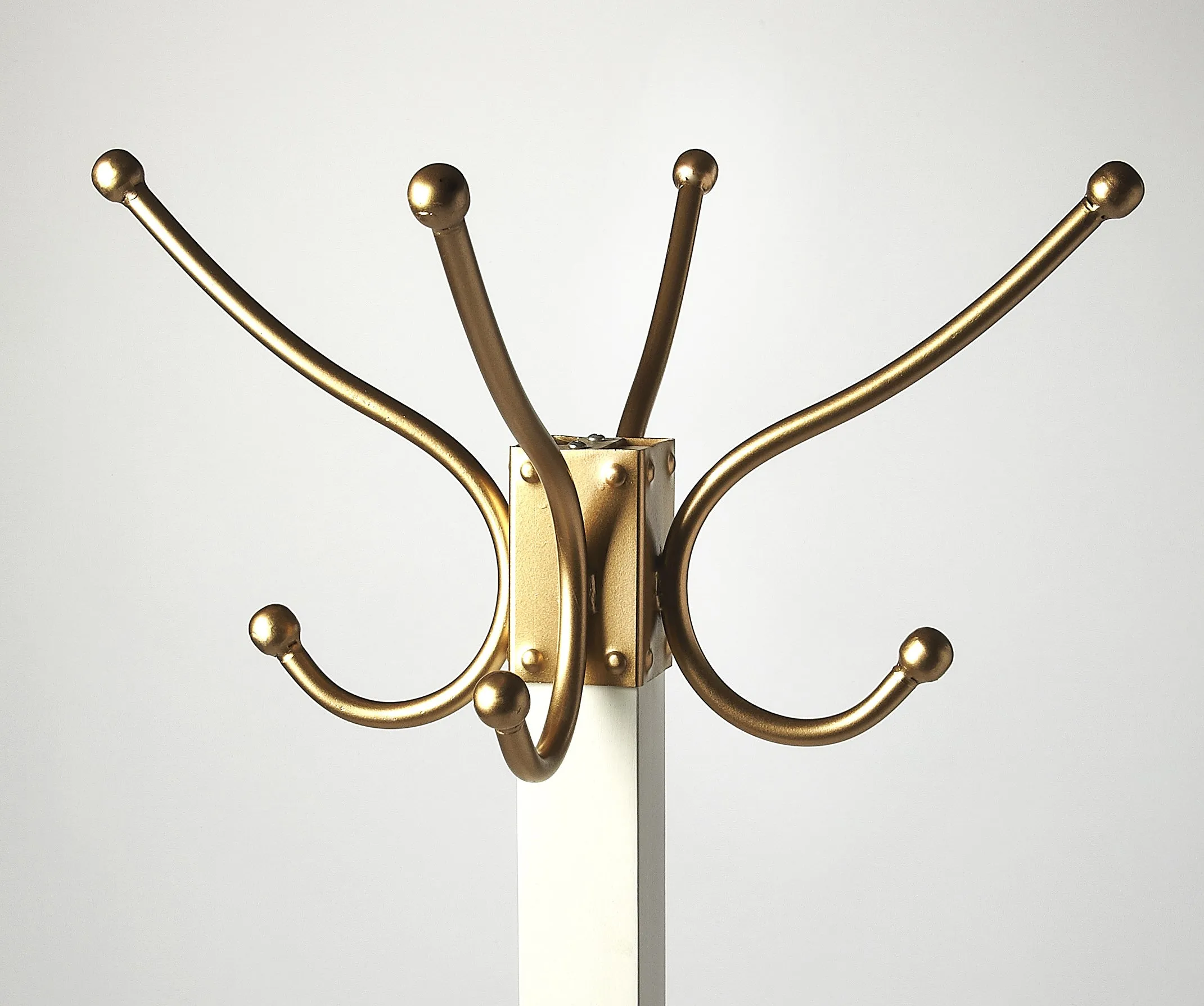 White Wood Gold Brass Standing Coat and Hat Rack