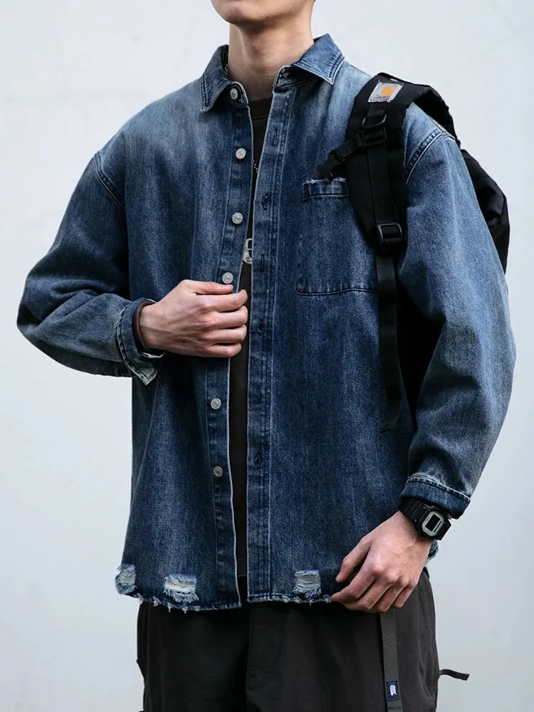 Wiaofellas  -  American Streetwear Wash Denim Shirts For Men Harajuku Casual Men'S Clothing Vintage Blue Lapel Cargo Coat Korean Long Sleeve