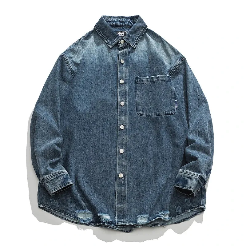 Wiaofellas  -  American Streetwear Wash Denim Shirts For Men Harajuku Casual Men'S Clothing Vintage Blue Lapel Cargo Coat Korean Long Sleeve