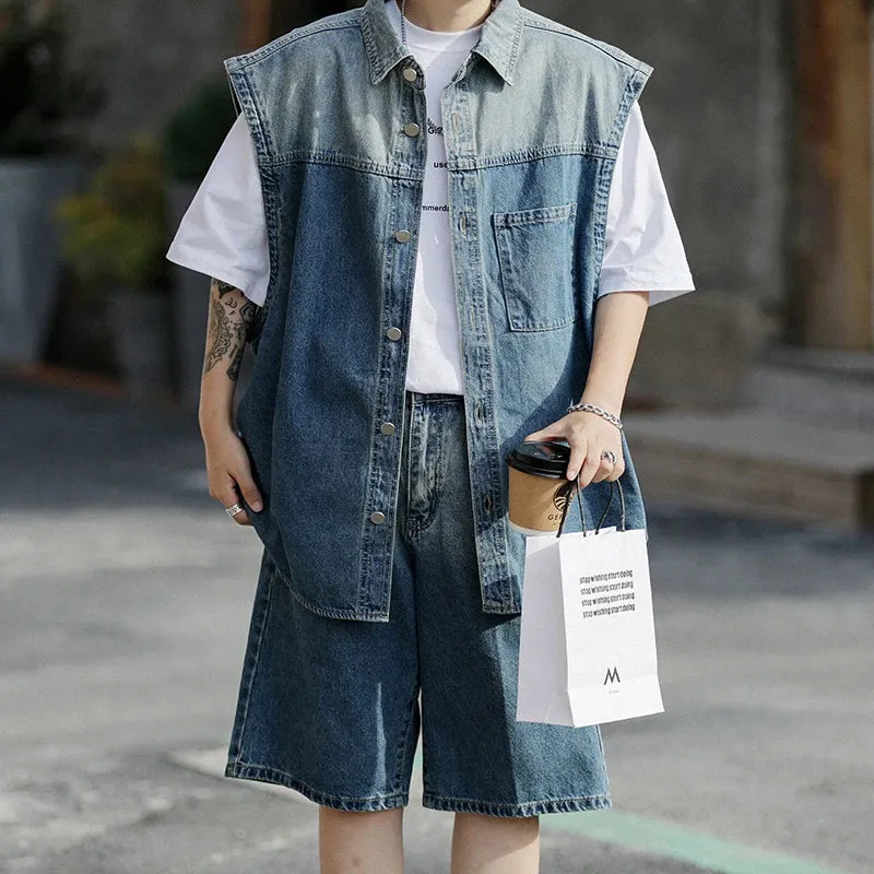 Wiaofellas  -  Fashion Summer Cotton Sleeveless Denim Vest And Shorts Men's Sets Cowboy HipHop Streetwear Jeans Casual Loose Top Coat Suit