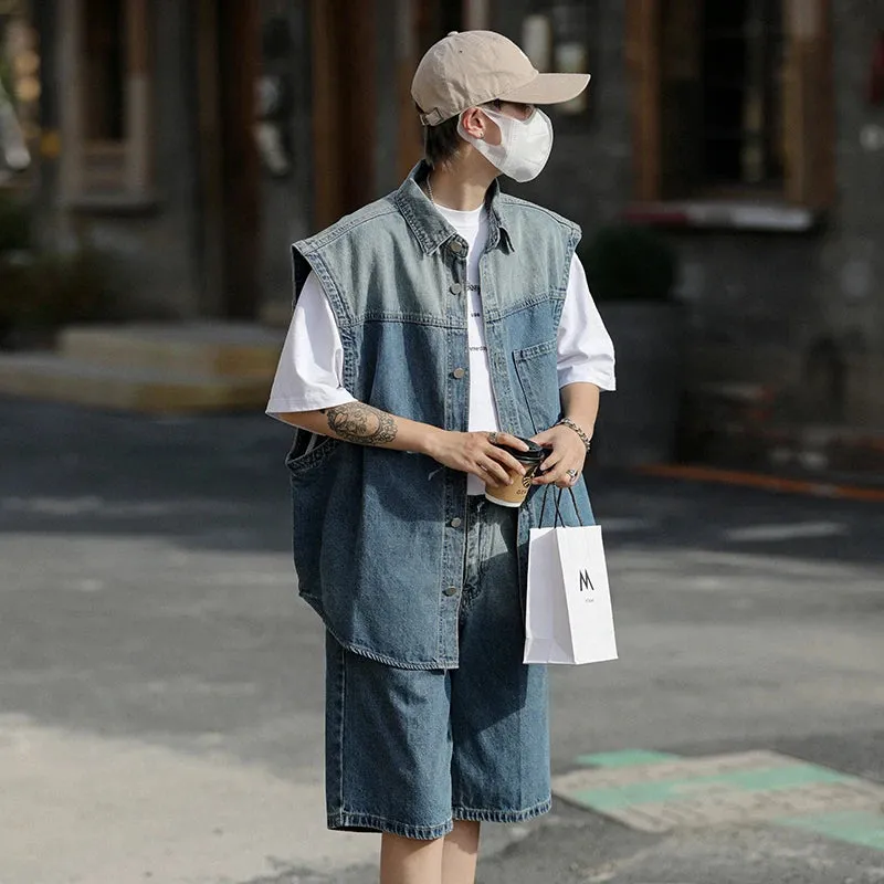 Wiaofellas  -  Fashion Summer Cotton Sleeveless Denim Vest And Shorts Men's Sets Cowboy HipHop Streetwear Jeans Casual Loose Top Coat Suit