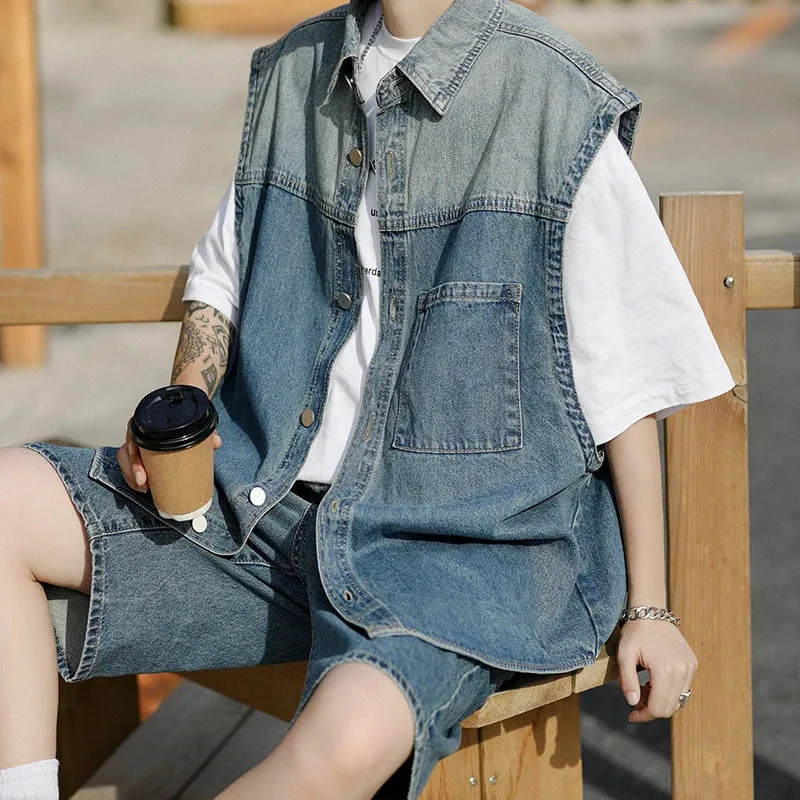 Wiaofellas  -  Fashion Summer Cotton Sleeveless Denim Vest And Shorts Men's Sets Cowboy HipHop Streetwear Jeans Casual Loose Top Coat Suit