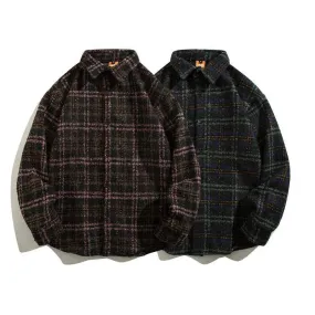 Wiaofellas  -  Japanese Retro Woolen Plaid Shirt For Men Autumn Winter Long Sleeved Top Fashion Vintage Shirts Coat Trendy Clothing Streetwear