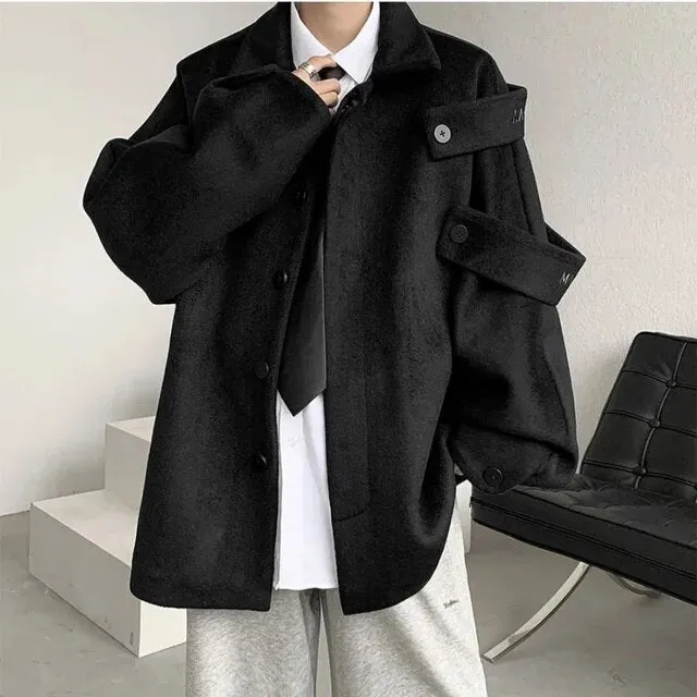 Wiaofellas Streetwear Woolen Coat Men's Autumn Winter Minority Lapel Jacket American Retro Loose Casual Asymmetrical Jacket