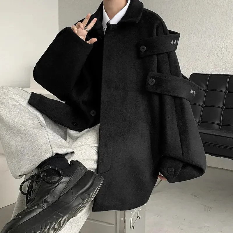 Wiaofellas Streetwear Woolen Coat Men's Autumn Winter Minority Lapel Jacket American Retro Loose Casual Asymmetrical Jacket