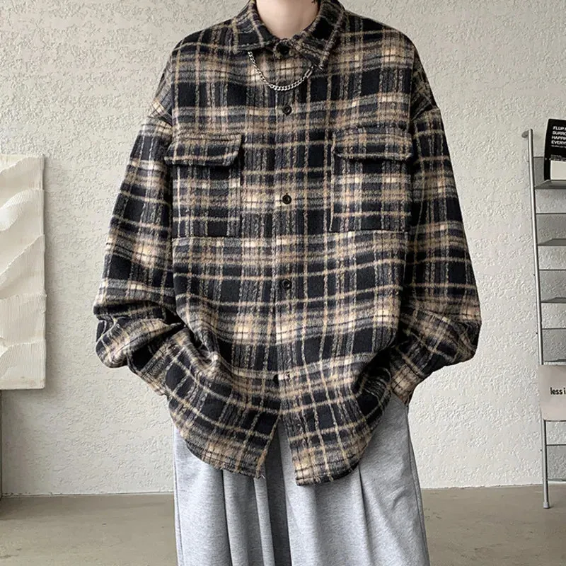 WIAOFELLAS  -  Winter Short Woolen Coat Men Warm Oversized Retro Plaid Woolen Jacket Men Streetwear Korean Loose Thick Woolen Coat Mens Jackets