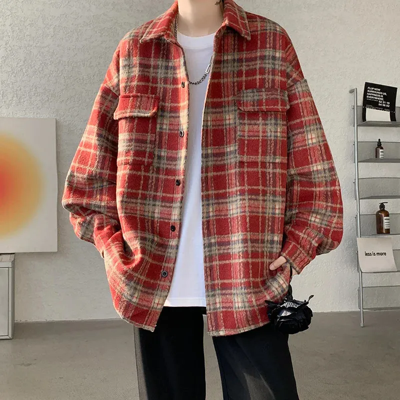 WIAOFELLAS  -  Winter Short Woolen Coat Men Warm Oversized Retro Plaid Woolen Jacket Men Streetwear Korean Loose Thick Woolen Coat Mens Jackets