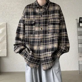 WIAOFELLAS  -  Winter Short Woolen Coat Men Warm Oversized Retro Plaid Woolen Jacket Men Streetwear Korean Loose Thick Woolen Coat Mens Jackets