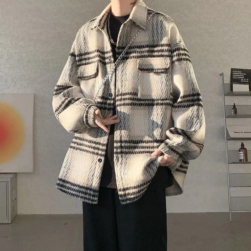 Wiaofellas -  Winter Woolen Coat Men Warm Fashion Retro Thicken Plaid Coat Men Streetwear Korean Loose Short Woolen Coat Mens Thick Jacket