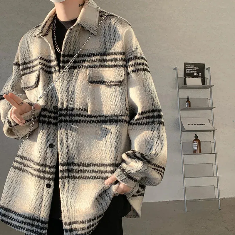 Wiaofellas -  Winter Woolen Coat Men Warm Fashion Retro Thicken Plaid Coat Men Streetwear Korean Loose Short Woolen Coat Mens Thick Jacket