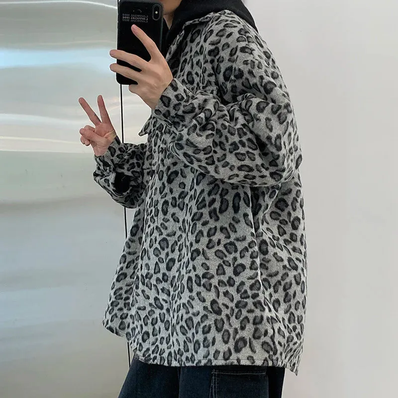 Wiaofellas  -  Winter Woolen Coat Men Warm Retro Leopard Print Jacket Men Streetwear Hip-hop Loose Short Woolen Coat Mens Thicken Jackets