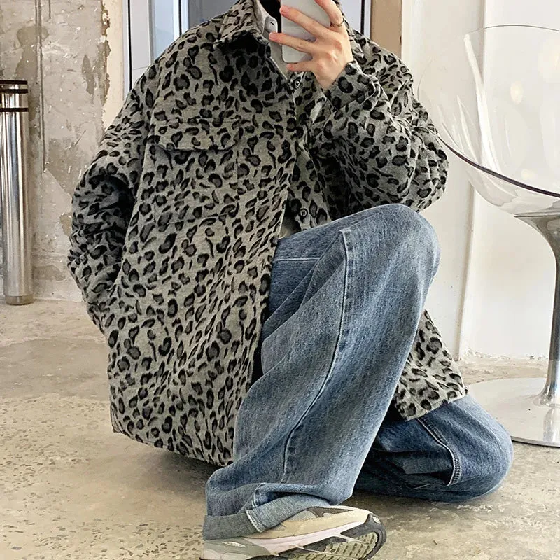 Wiaofellas  -  Winter Woolen Coat Men Warm Retro Leopard Print Jacket Men Streetwear Hip-hop Loose Short Woolen Coat Mens Thicken Jackets