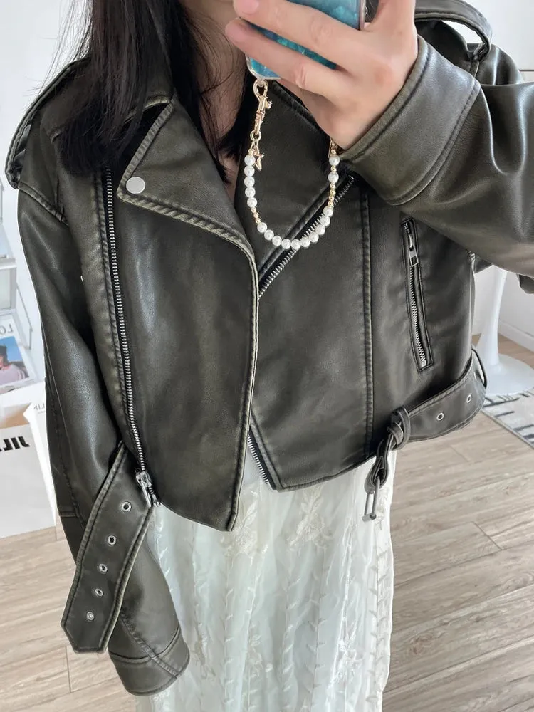 Wjczt  New Spring Autumn Women Vintage Loose Faux Leather Jacket with Belt Streetwear Lapel Short Pu Coat Moto Biker Outwear