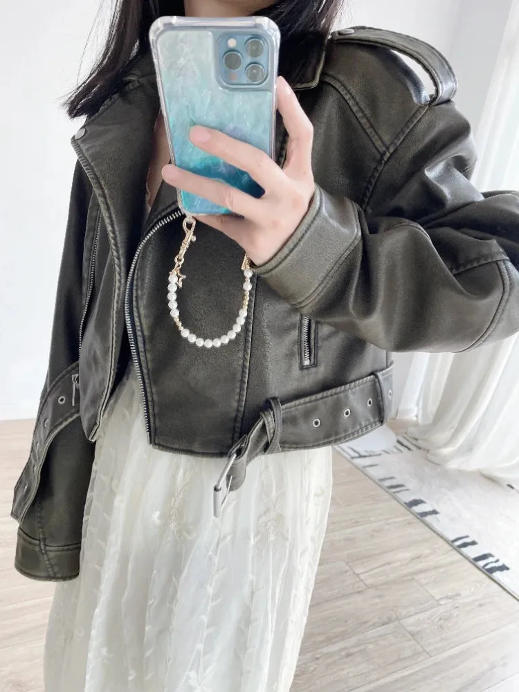 Wjczt  New Spring Autumn Women Vintage Loose Faux Leather Jacket with Belt Streetwear Lapel Short Pu Coat Moto Biker Outwear