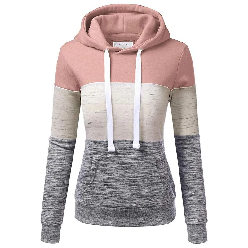 Women color block drawstring sweatshirt fall winter pullover hoodie